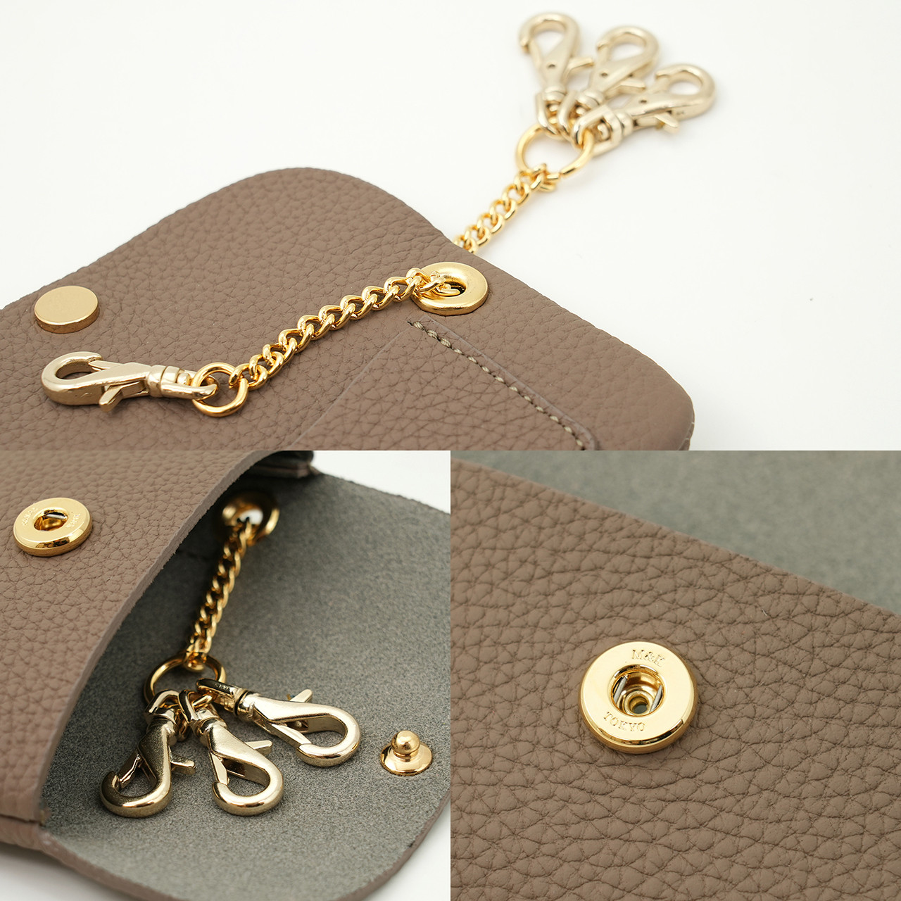 ドイツシュリンク カブセ型 キーケース 本革 ３連 喜平型チェーン M&Kスナップホック留め（トープ） ※金具ゴールド｜詳細画像