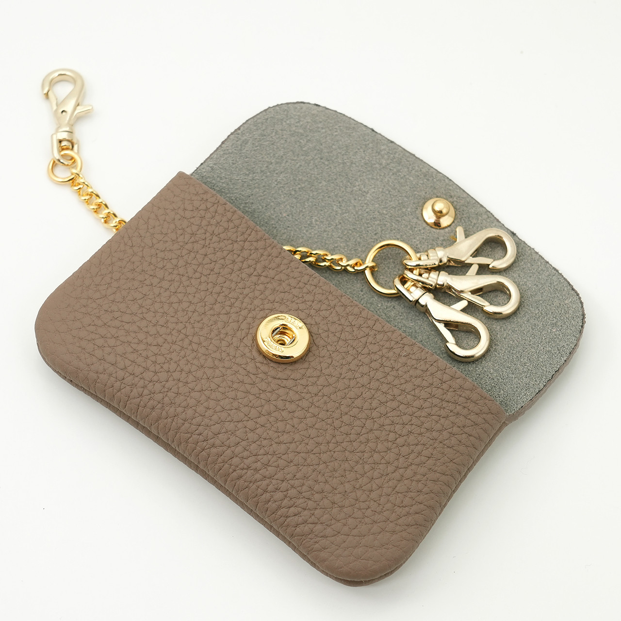 ドイツシュリンク カブセ型 キーケース 本革 ３連 喜平型チェーン M&Kスナップホック留め（トープ） ※金具ゴールド｜詳細画像