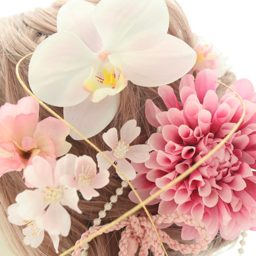 ヘッドドレス 桜 胡蝶蘭 ダリア パール 髪飾り 水引 ピンク 和婚 ヘッドドレス 桜 胡蝶蘭 ダリア パール 髪飾り 水引 ピンク 和婚