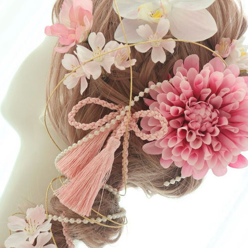 ヘッドドレス 桜 胡蝶蘭 ダリア パール 髪飾り 水引 ピンク 和婚 ヘッドドレス 桜 胡蝶蘭 ダリア パール 髪飾り 水引 ピンク 和婚
