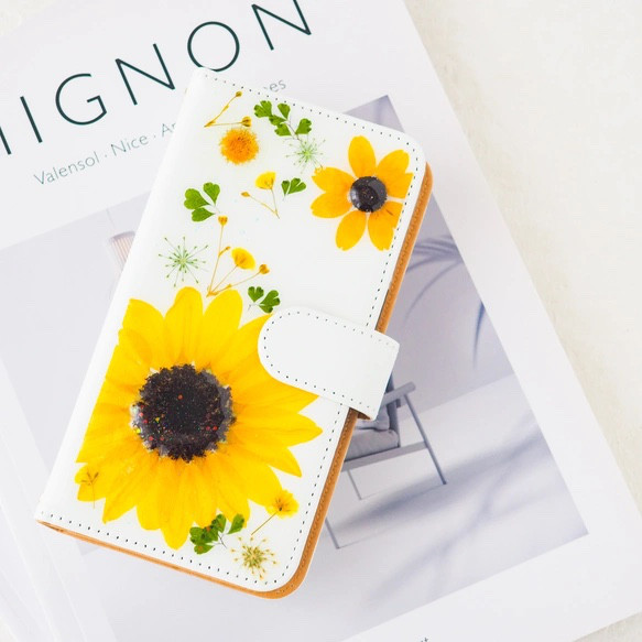 ＊夏色ひまわりの押し花スマホケース＊284'(手帳型)全機種対応 本物のお花 スマホケース iPhone17