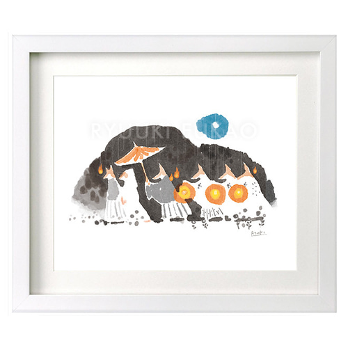 額装絵画【六切】狐の嫁入り ※他サイズ、フレーム色変更可（白