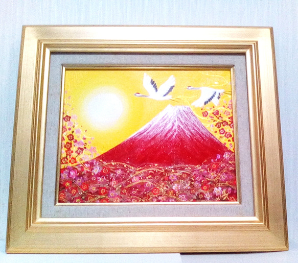 風水吉祥絵画 日本画 紅白梅と富士山〜夫婦鶴〜 油彩 風水画 風水吉祥絵画 日本画 紅白梅と富士山〜夫婦鶴〜 油彩 風水画