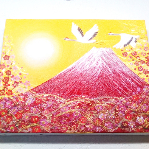 風水吉祥絵画 日本画 紅白梅と富士山〜夫婦鶴〜 油彩 風水画