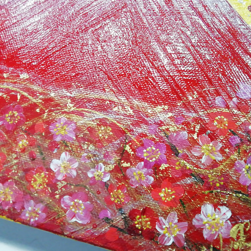 風水吉祥絵画 日本画 紅白梅と富士山〜夫婦鶴〜 油彩 風水画