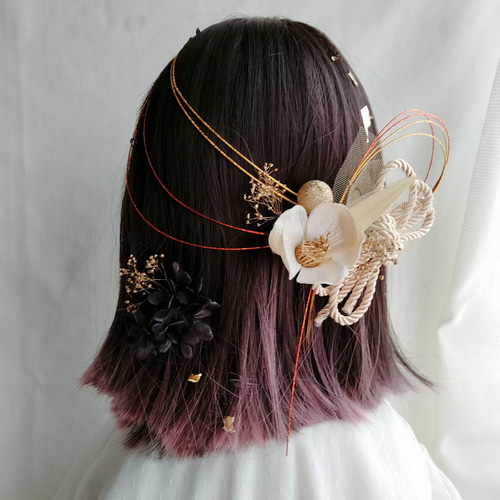 椿 つばきの髪飾り 水引 水引アレンジ 成人式 結婚式 卒業式 和装 髪