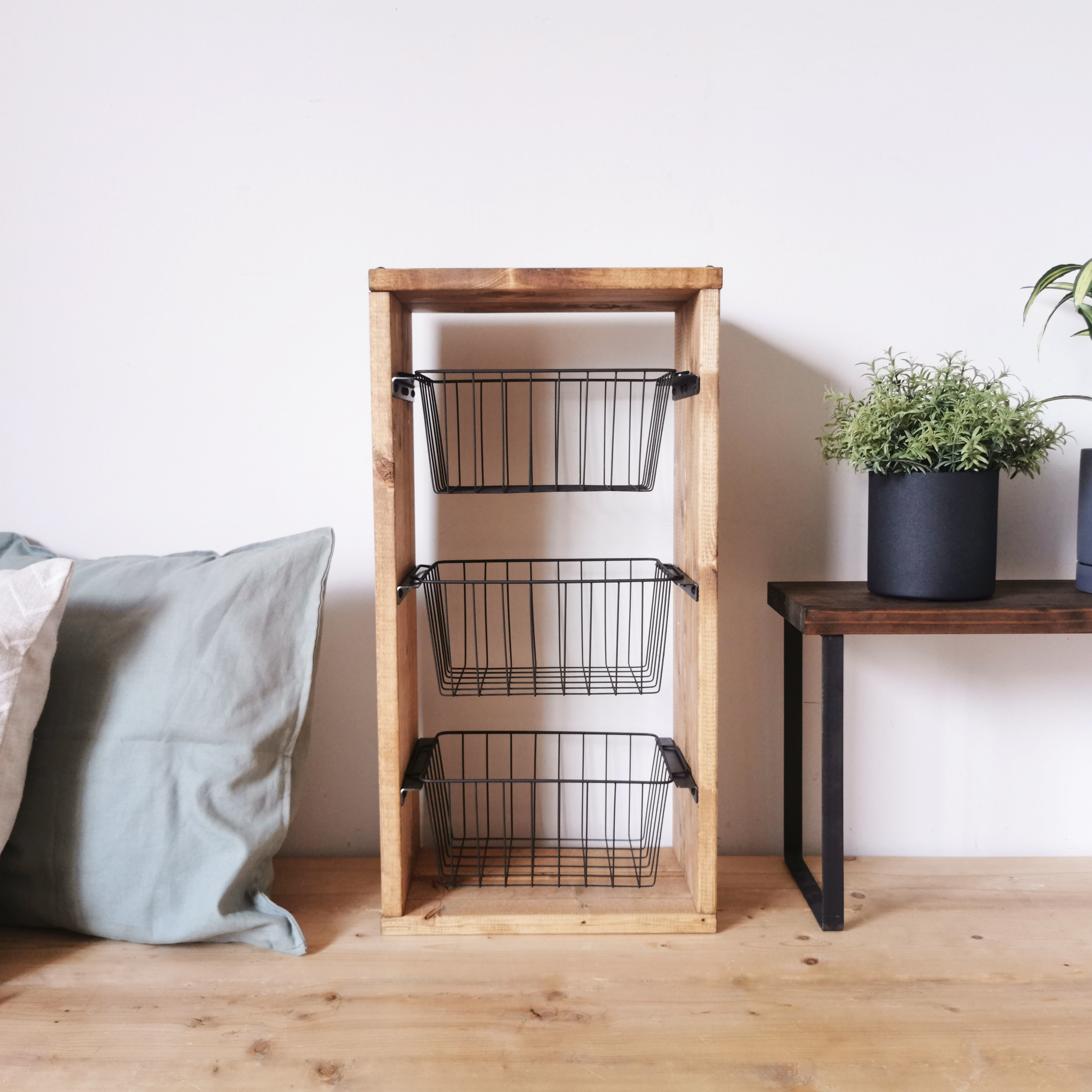 木製 家具 ブラウン　3カゴ ハンドメイド シェルフ ワイヤーバスケット