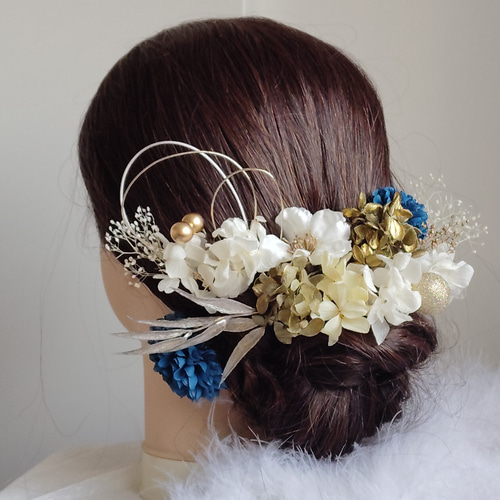 煌花＿＿水引と鞠玉の髪飾り 卒業式 成人式 結婚式 髪飾り 蒼 藍 色打
