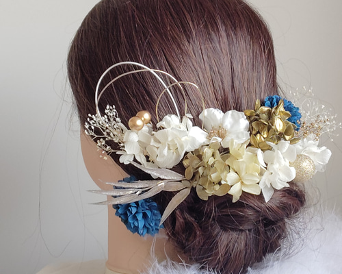 煌花＿＿水引と鞠玉の髪飾り 卒業式 成人式 結婚式 髪飾り 蒼 藍 色打
