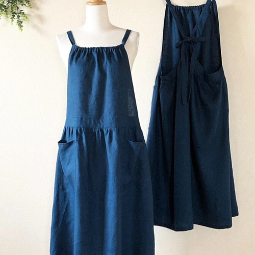 受注制作】S〜3L リネン後ろリボンつり上がりエプロンワンピース 母の