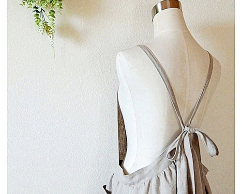 受注制作】S〜3L リネン後ろリボンつり上がりエプロンワンピース 母の