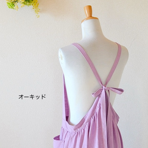 受注制作】S〜3L リネン後ろリボンつり上がりエプロンワンピース 母の