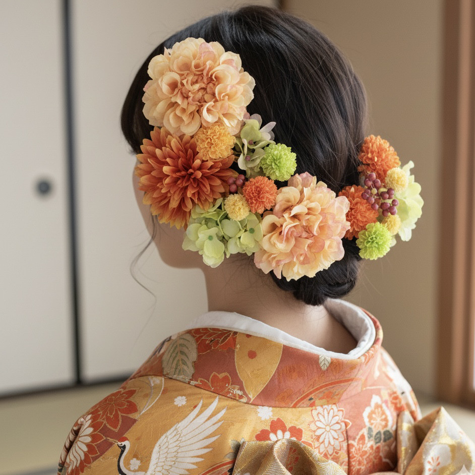 オレンジ＆イエロー系のビタミンカラーの和装、洋装の髪飾り