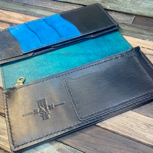手染め手縫いのスマートウォレット　ターコイズブルー　革　長財布 手染め手縫いのスマートウォレット ターコイズブルー 革 長財布