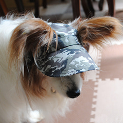 送料無料【M 4㎏前後の小型犬用】犬の帽子＊cottonカモフラ グレー（黒ゴム） 1枚目の画像