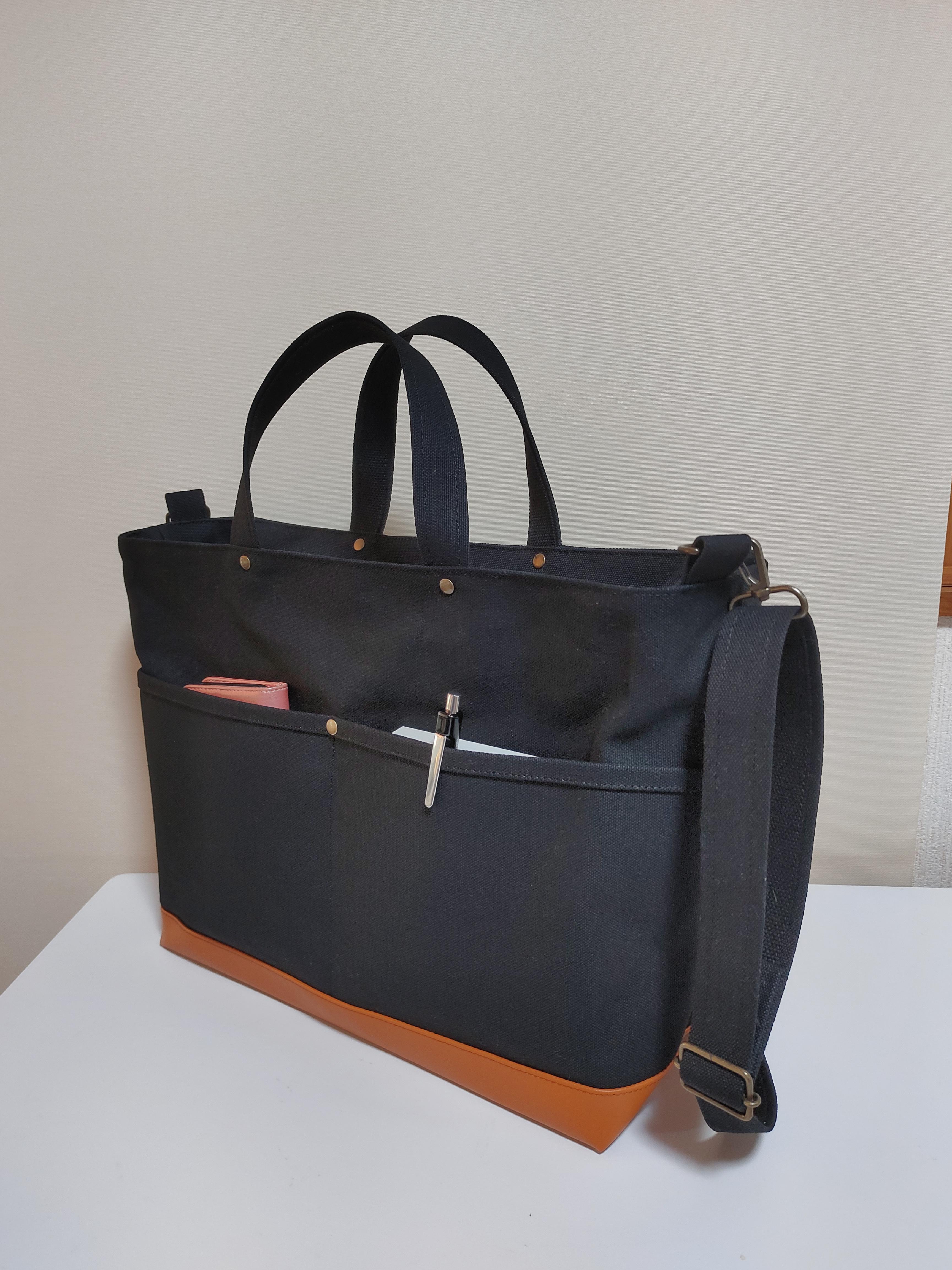 ブラック帆布2wayショルダーバッグファスナー開閉L（通勤通学