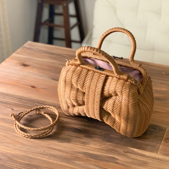 basket bag / ribbon / light brown 第7張的照片