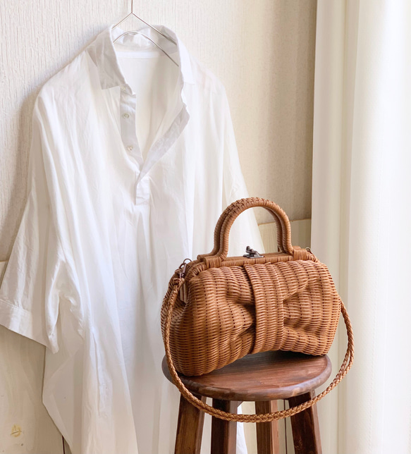 【受注制作】かごバッグ - リボン - Lサイズ - 茶 3枚目の画像