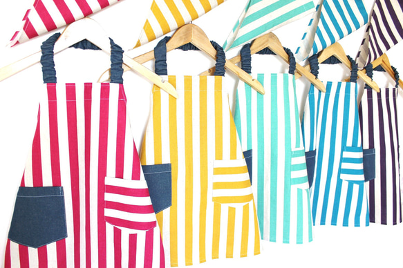 100~160 永恆經典☆條紋x牛仔簡約時尚圍裙套裝（兒童，兒童，圍裙，頭巾） 第2張的照片