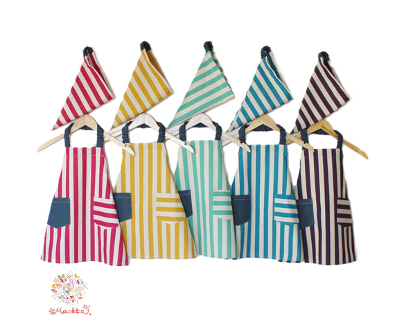 100~160 永恆經典☆條紋x牛仔簡約時尚圍裙套裝（兒童，兒童，圍裙，頭巾） 第1張的照片