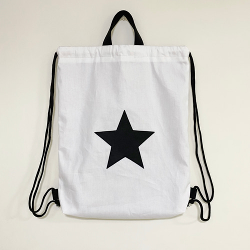送料無料》持ち手付き大きなナップサック（体操服入れ）白×黒スター