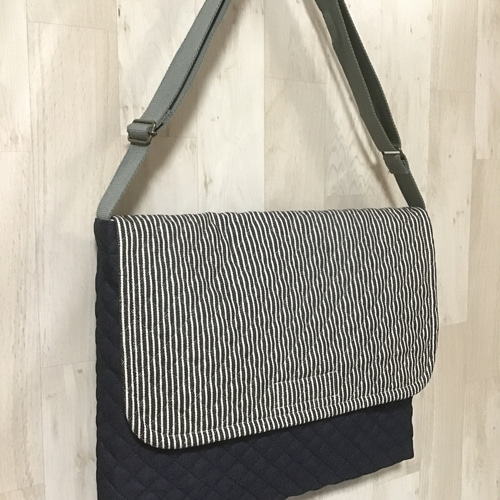 セミオーダー図書袋☆黒系ヒッコリー×デニムキルト 男の子