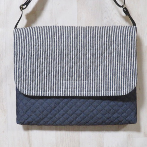 セミオーダー図書袋☆黒系ヒッコリー×デニムキルト 男の子