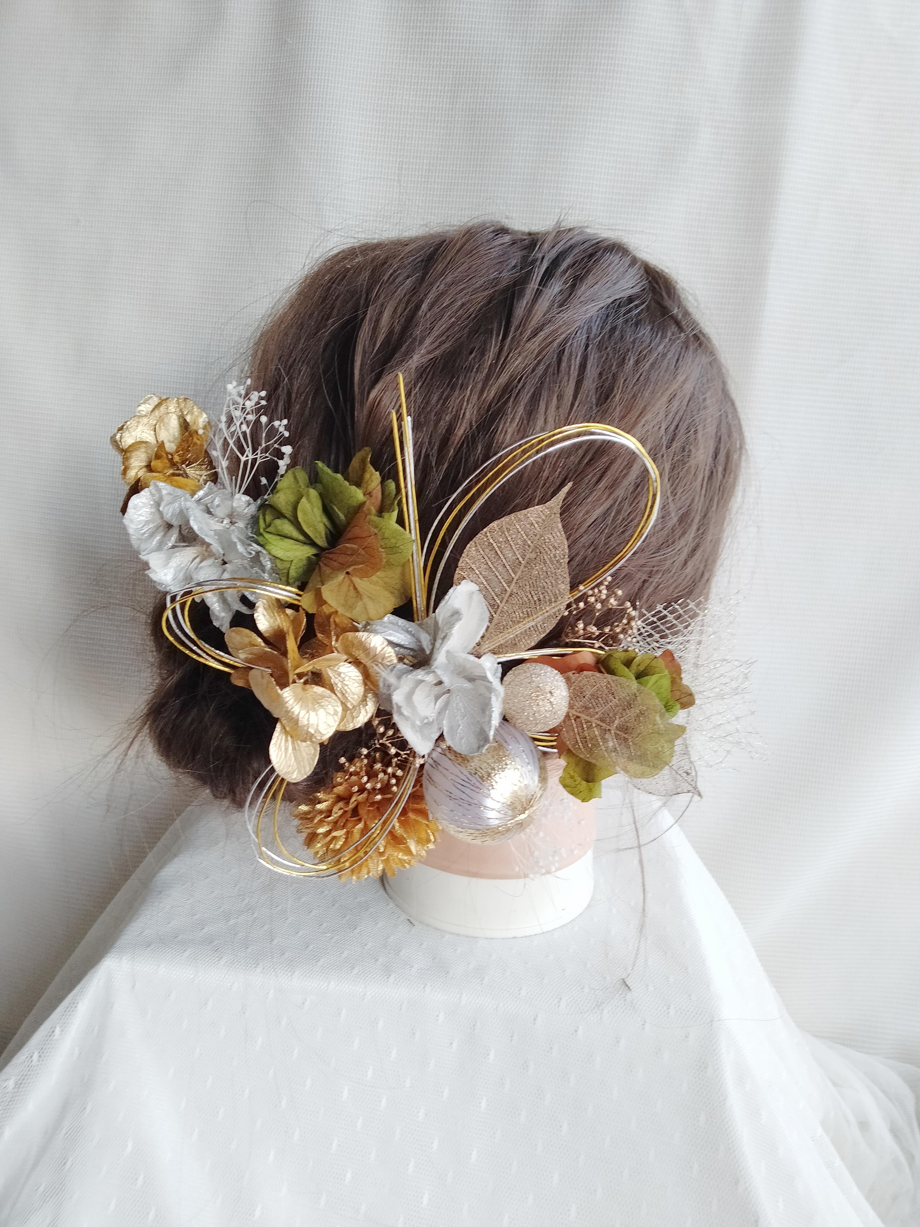 水引と和玉の三色の髪飾り　卒業式　成人式　結婚式　ドライフラワー　プリザーブドフラワー