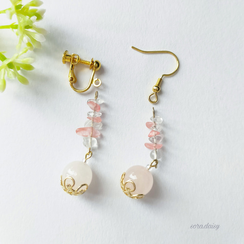 ふんわり♡♡さくらとローズクォーツのピアス（イヤリング） ローズクォーツ ピアス 桜 さくら サクラ K10PG 10K 10金 ピンク