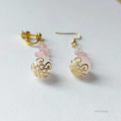 ローズクォーツ・水晶・チェリークォーツの天然石ピアス