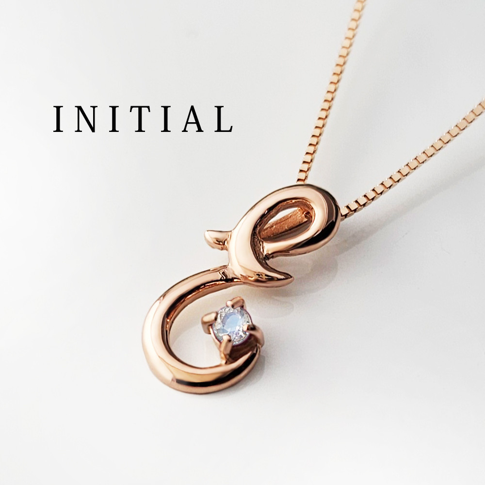 イニシャル [ E ] 6月 誕生石 ムーンストーン アルファベット K10 ピンクゴールド ネックレス ★在庫あり★