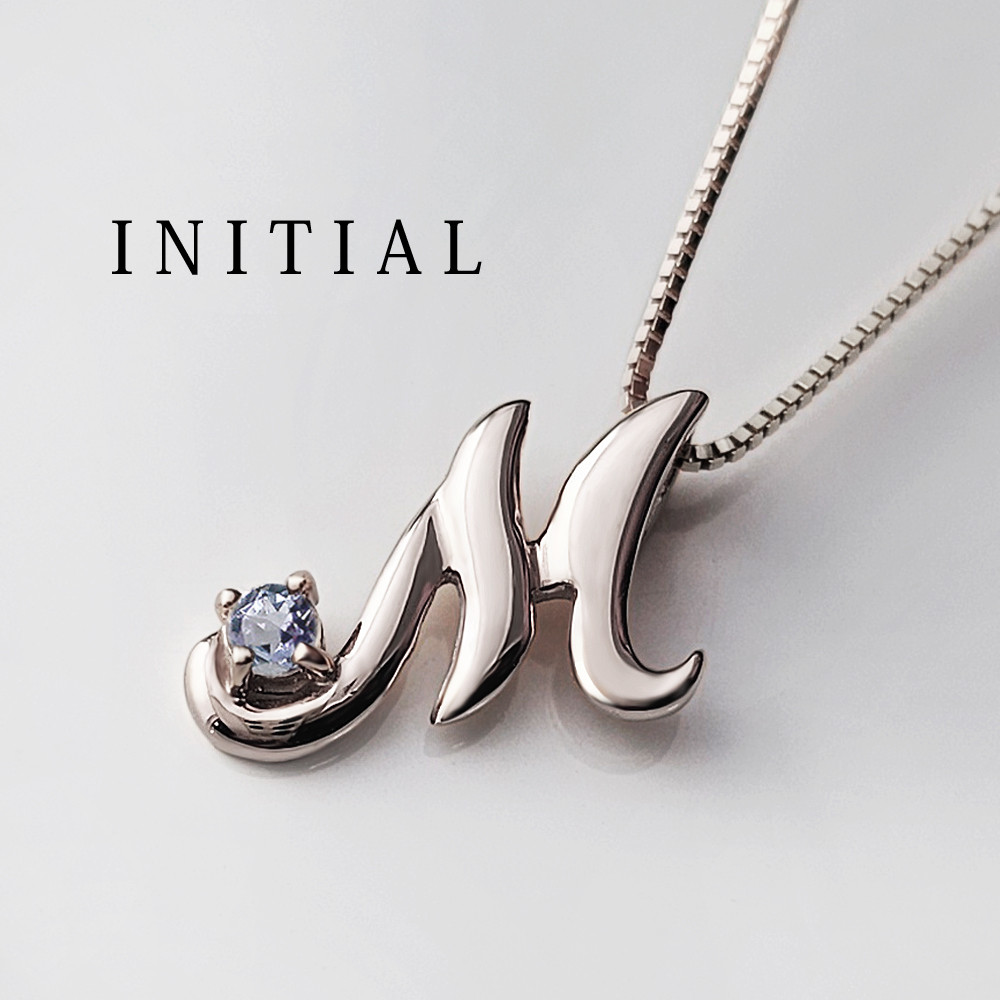 イニシャル [ M ] 12月 誕生石 タンザナイト アルファベット K10 ホワイトゴールド ネックレス [受注制作]