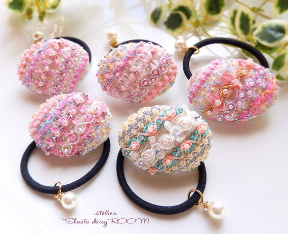 Braid＆Beads刺繡*绑发橡皮筋*“椭圆型”*with Pearl Charm*J 第1張的照片