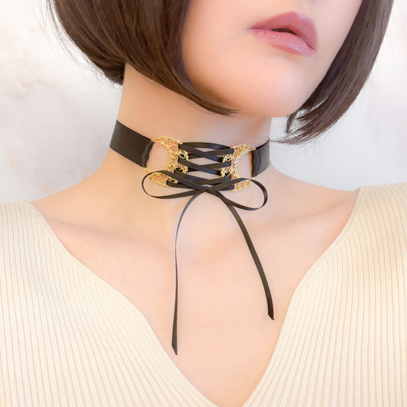 貴方は私のもの：黒リボンのレースアップチョーカー SV144