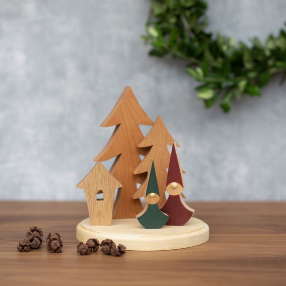 クリスマス オブジェ セット Ａ｜置物 ツリー トムテ 妖精 木製 ハウス 小屋 雑貨 ナチュラル 冬 無垢 1枚目の画像