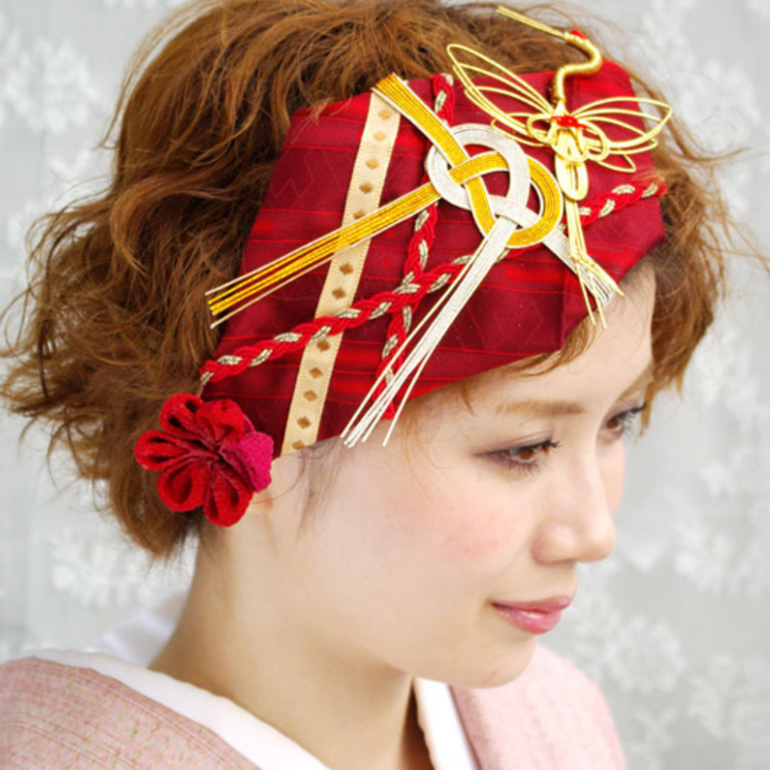 【送料無料】成人式　結婚式　髪飾り　赤　大きめ　和モダン　大正ロマン　はいから水引ボンネ【色変更料金含む】