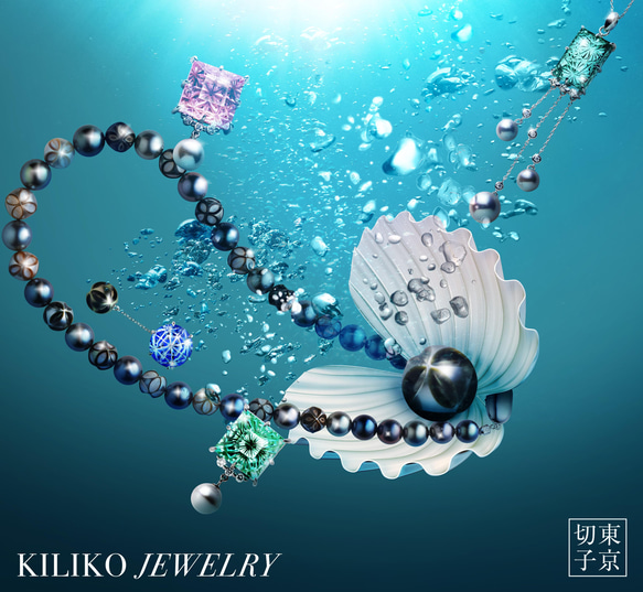 KILIKO JEWELRY(東京切子）ネックレス　麻乃葉　丸　Amethyst　+　黒蝶パール 4枚目の画像