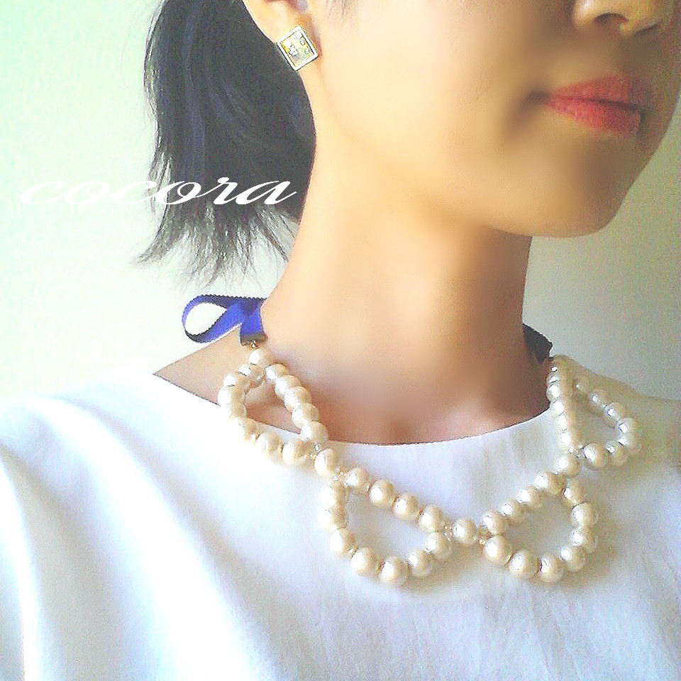 ネイビーリボン付け襟ネックレス　　Ｎ072