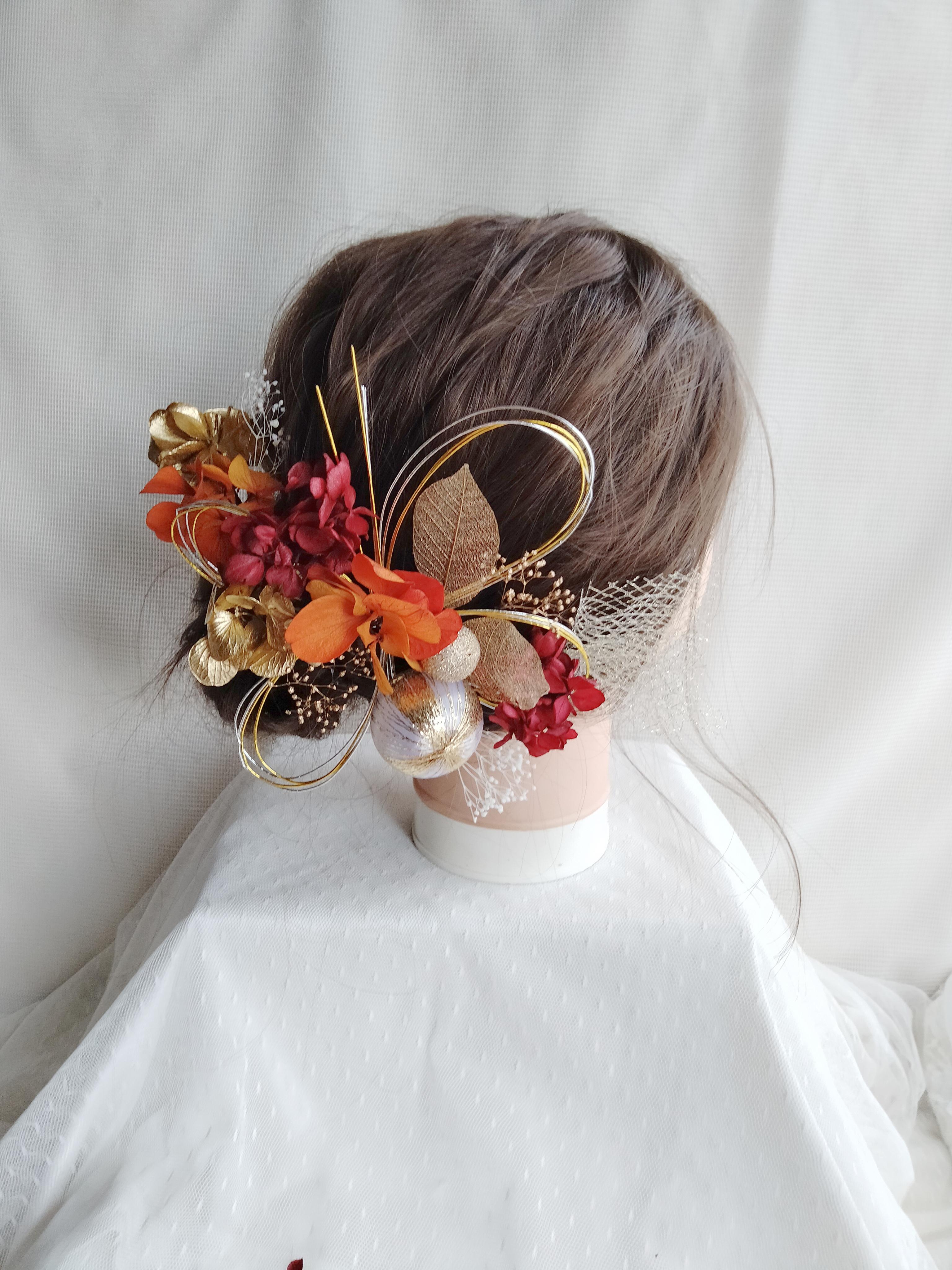 水引と和玉の三色の髪飾り　卒業式　成人式　結婚式　ドライフラワー　プリザーブドフラワー