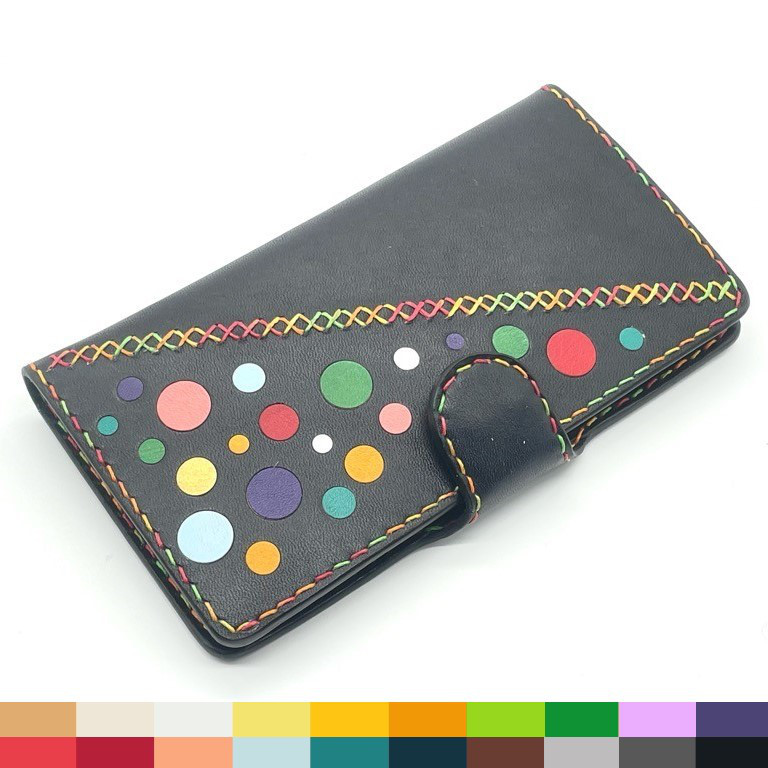 【22色から選べる・全機種対応・名入れ対応】ドット柄 水玉 革製手帳型スマホケース 栃木レザー iPhone galax