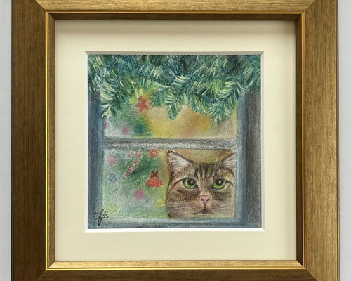 RYU　透明水彩画　原画　「猫のクリスマス」額縁付＋ローズハウス06 RYU 透明水彩画 原画 「猫のクリスマス」額縁付＋ローズハウス06 RYU