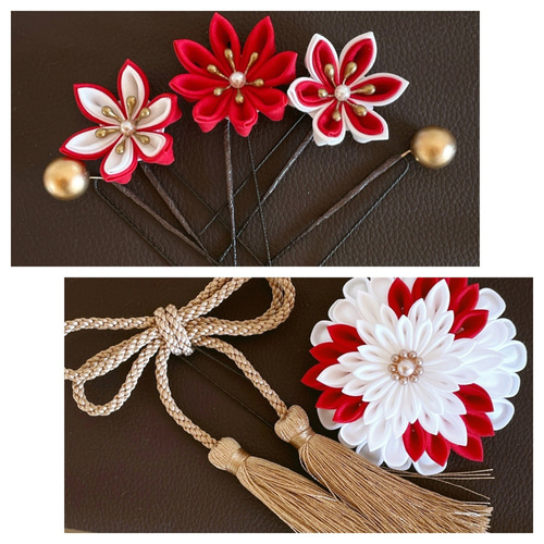 つまみ細工髪飾りセット✴︎オフホワイト×レッド 成人式 卒業式 七五三