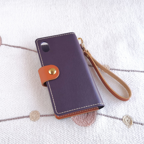 手帳型＊leather kumaho case＊熊さんスマホケース ＊紫／全機種