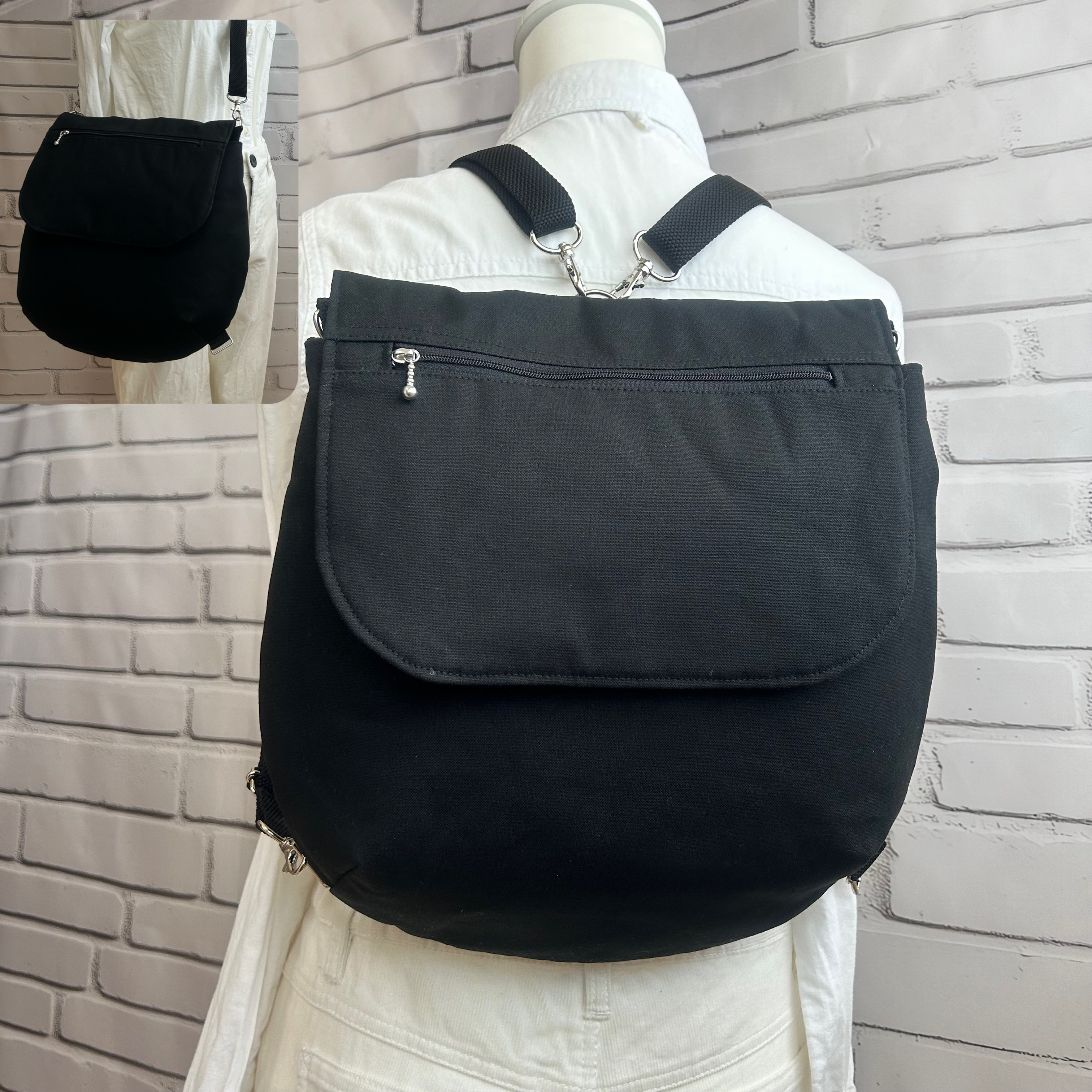 コロンとした リュックにもなる ショルダーバック ボディーバック　マザーバック　3way 帆布 黒色　色変更可能