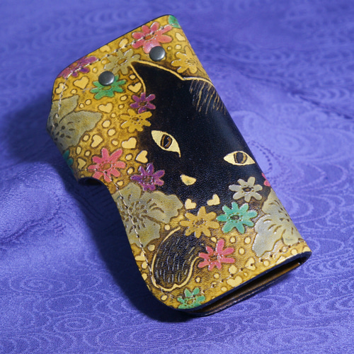 猫のデザイン バッグ 財布等 レザークラフト キーケース 花畑猫