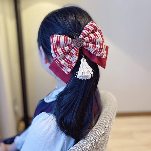 卒業式ヘア飾り　袴　髪飾り　リボン   小学生　ショート　ボブ  大正ロマン　乙女のリボン(矢絣柄)  全2種 11枚目の画像