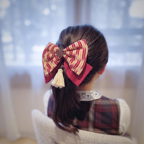 卒業式ヘア飾り　袴　髪飾り　リボン   小学生　ショート　ボブ  大正ロマン　乙女のリボン(矢絣柄)  全2種 10枚目の画像