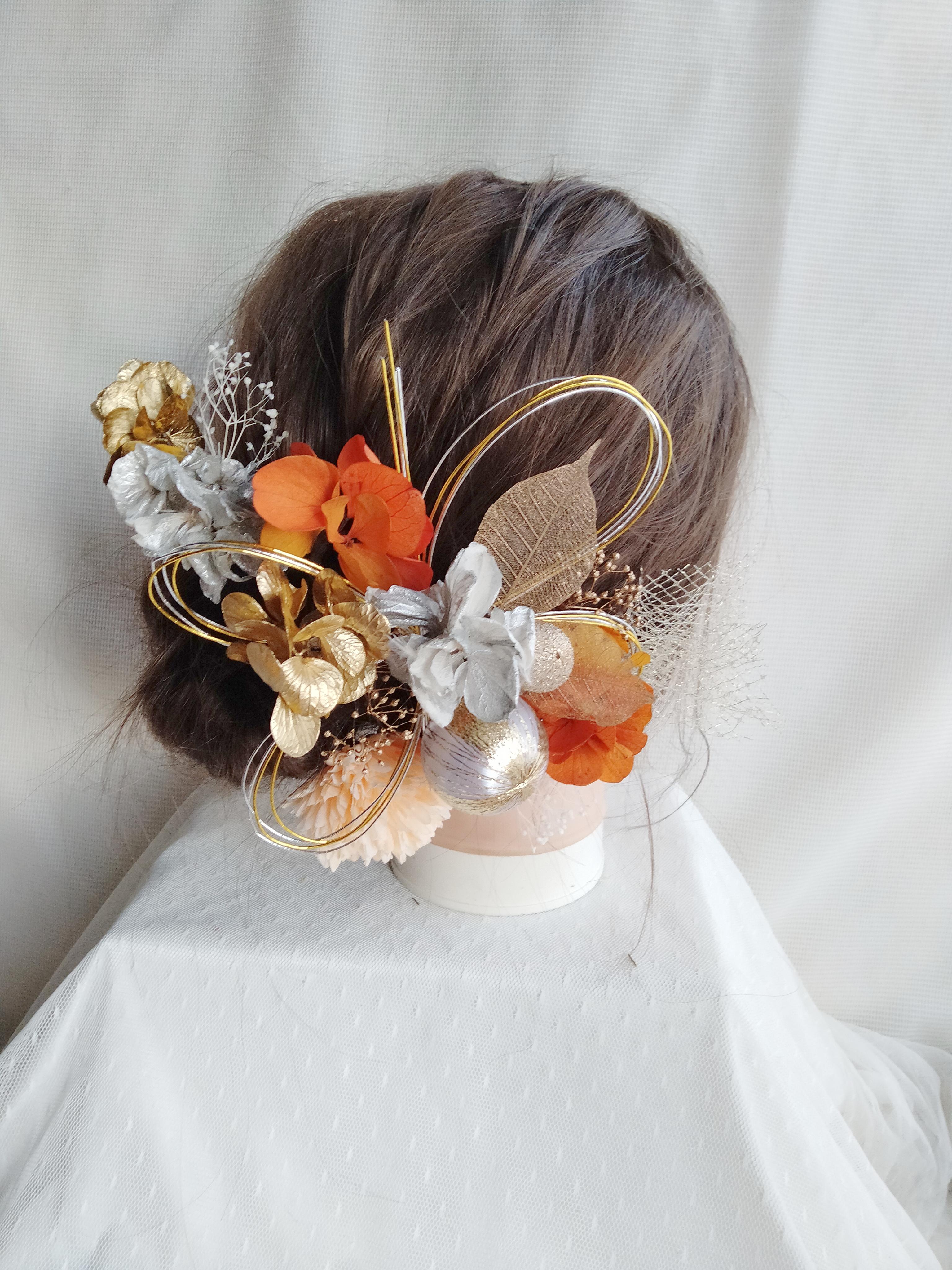 水引と和玉の三色の髪飾り　卒業式　成人式　結婚式　ドライフラワー　プリザーブドフラワー