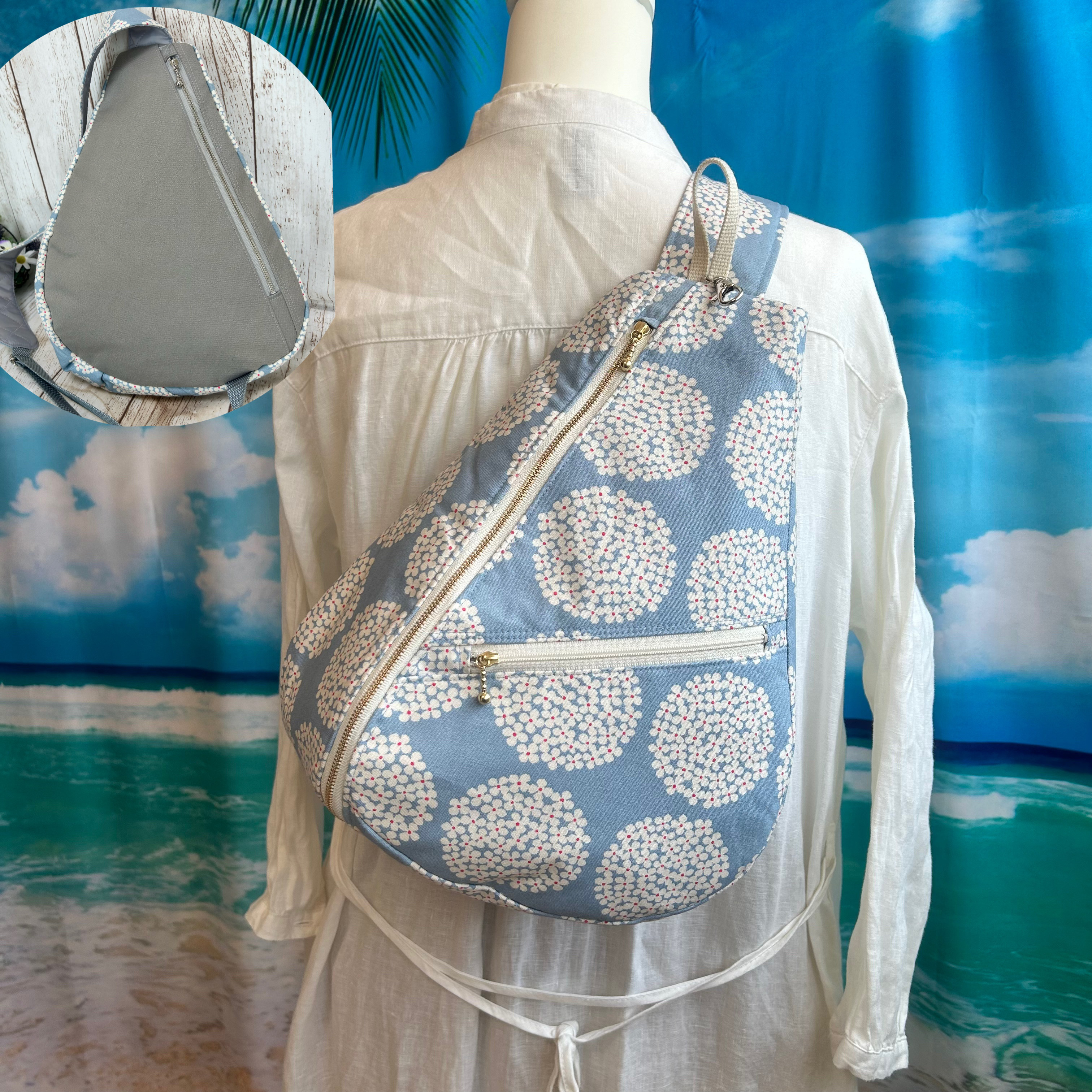 背面ファスナーポケット付き　しずく型 ワンショルダーバック ボディーバック　長さ調節可能 紫陽花⑩水色　全11色