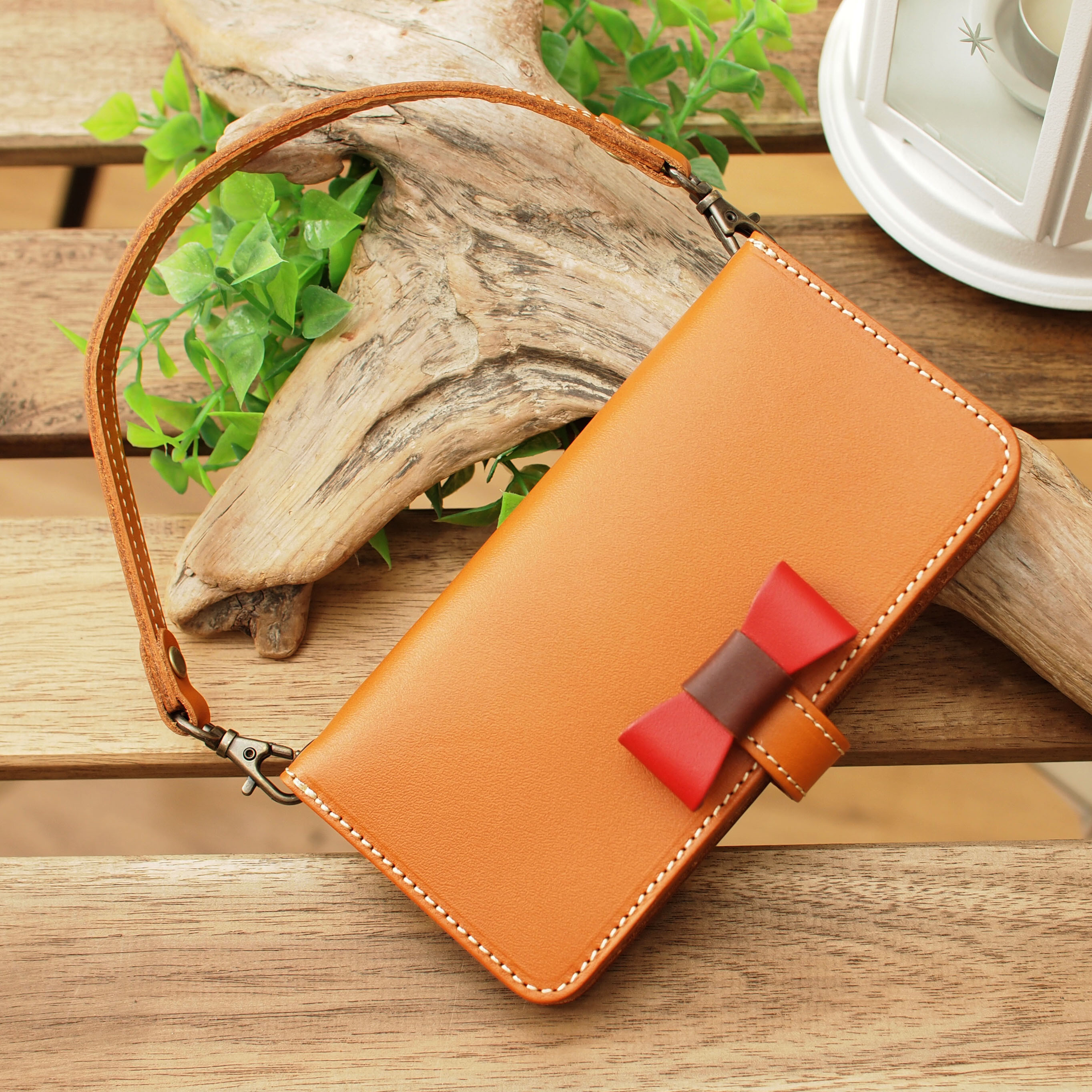 ほぼ全機種製作 リボンスマホケース＋ミニ取っ手ストラップ【姫路レザーキャメル牛革】RB-02camel